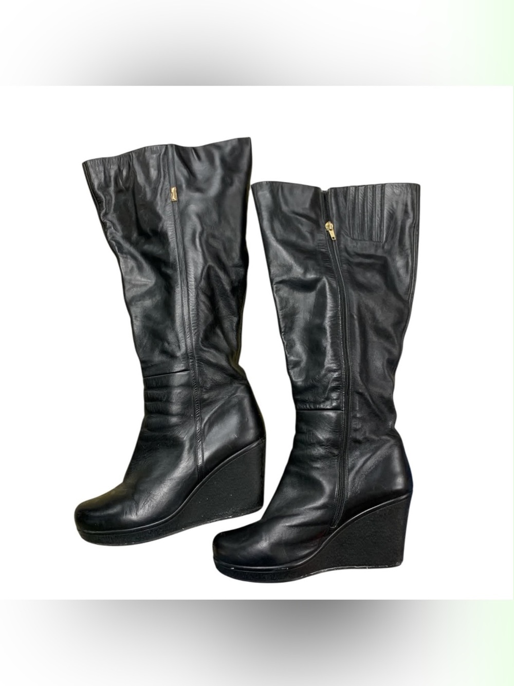 Addition Elle Tall Black Leather Wedge Knee-High Boots S9